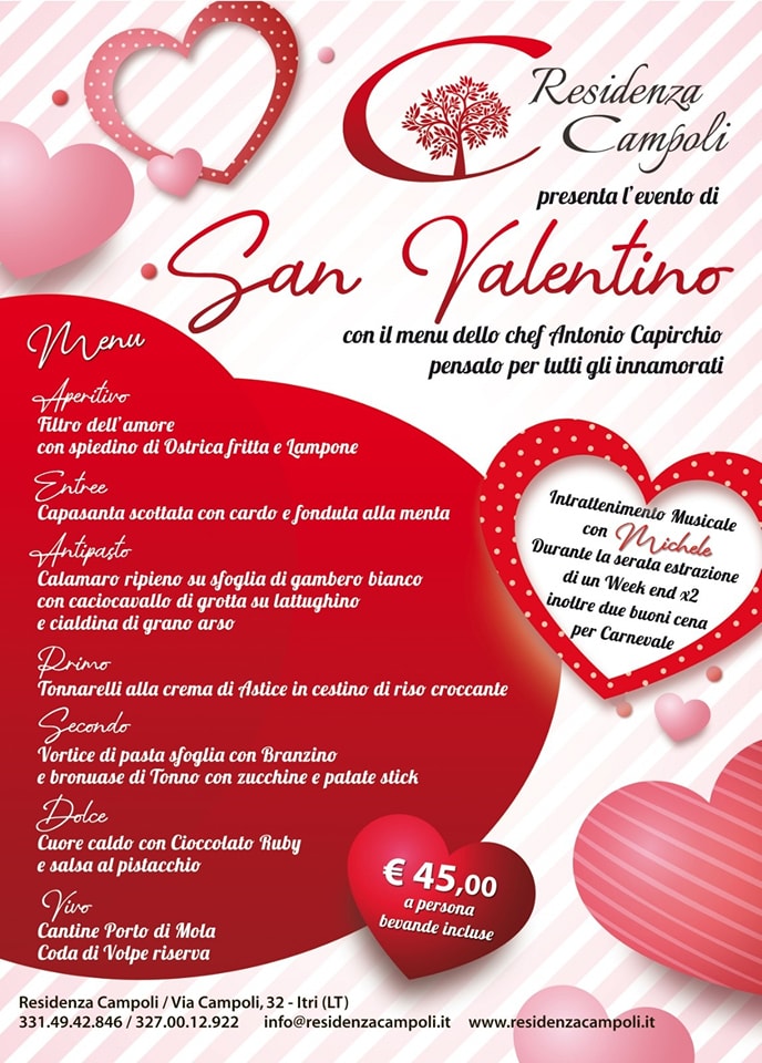 Menu San Valentino 2023 Residenza Campoli Itri